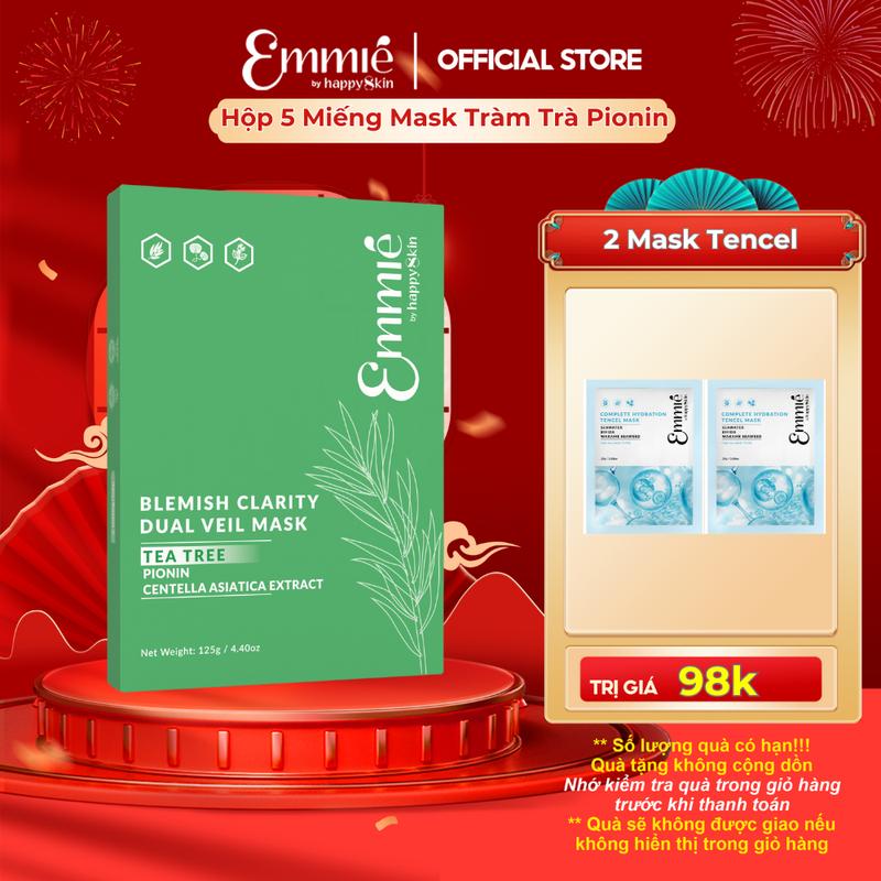   ĐỘC QUYỀN  Hộp 5 Miếng Mặt nạ Tràm trà Pionin Chất liệu DUAL VEIL Hỗ trợ giảm mụn giảm sưng đỏ dành cho da dầu mụn 25gx5 Emmié by HappySkin 