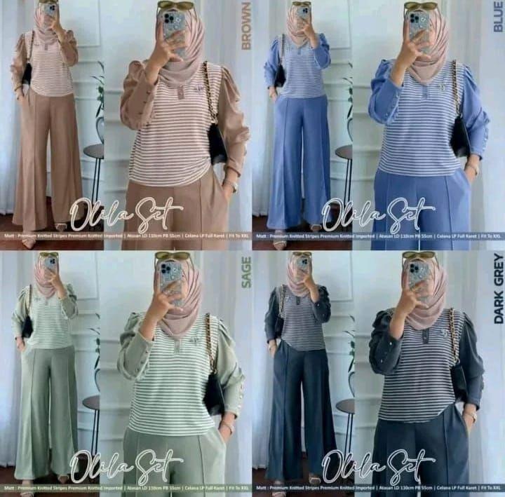Olila Set Setelan Wanita Kekinian One Set Motif Salur Garis Katun Lembut Nyaman Remaja Dewasa Cantik