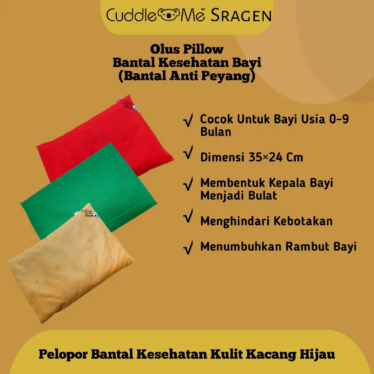 Ollus Pillow bantal anti peyang terbuat dari kulit kacang hijau - bantal kesehatan bayi Katun Kuning Merah