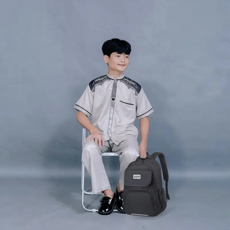 [Asriyani] Setelan Baju Koko Anak Azzam Lengan Pendek Muslim Pria Kombinasi Bordir Simpel Elegant Katun New Roky 1