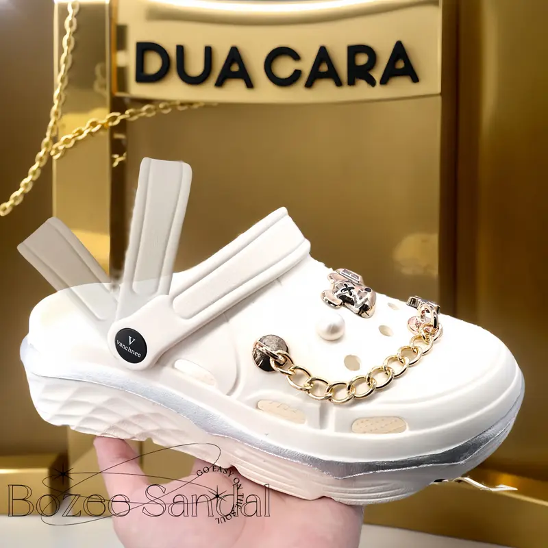 ￼BOZЄЄ Sandal 907-Wanita Korea Sandal Jelly Wanita Fuji Sandal Sepatu Tinggi 5.5cm CROSS Gold Rantai Slip On Media EVA Sandal Sendal 4