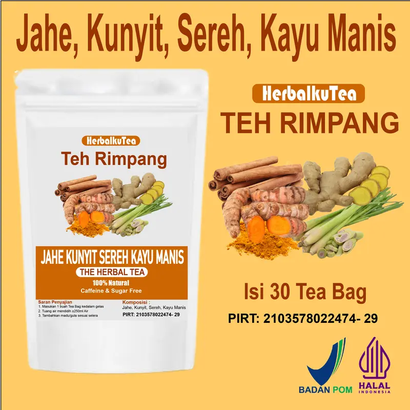 HerbalkuTea - Teh Rimpang Jahe Kunyit Sereh Kayu Manis isi 30 Tea Bag 0