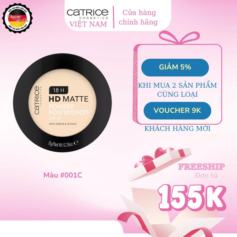 (Hàng Đức) Catrice 18H HD Matte Powder Foundation – Kem Nền Dạng Nén – Màu #001C – 10g Hỗ Trợ Kiềm Dầu, Tạo lớp nền mịn lì, Hỗ trợ làm mềm và làm mịn da