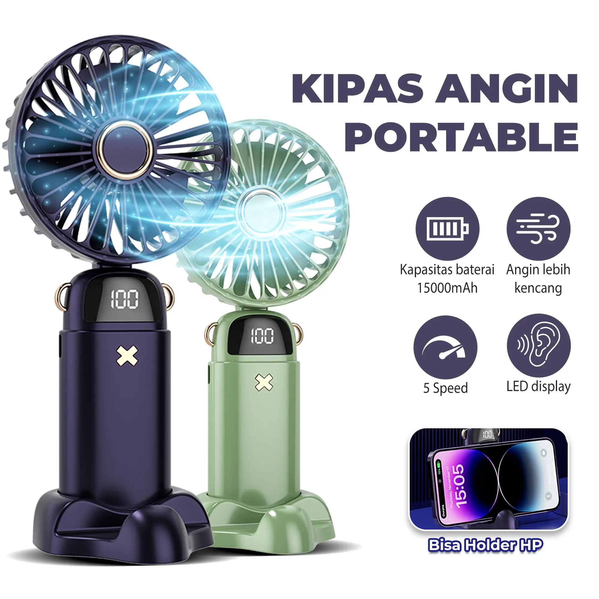 107 Home Kipas Angin Kencang Mini Portable Dudukan HP LED Battery 5 Kecepatan Angin Tahan Lama