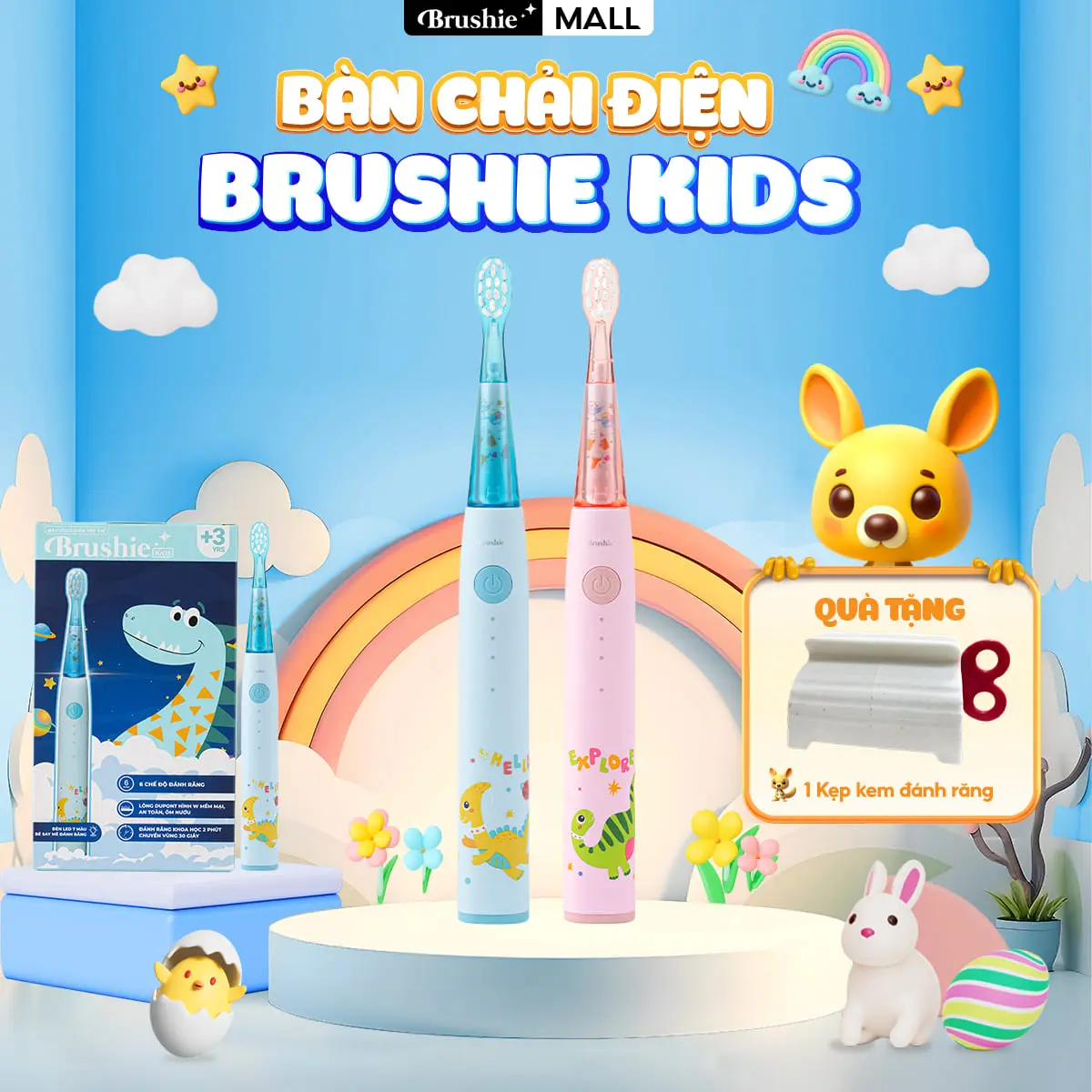 [QUÀ TẶNG 1/6] Bàn chải điện trẻ em Brushie Kids đầu lông bàn chải mềm mại an toàn cho bé - TẶNG Kẹp kem đánh răng