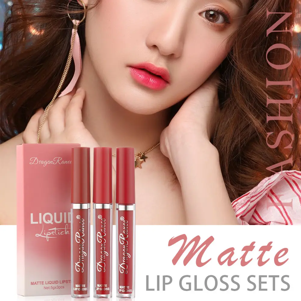 Dragon Ranee Liquid Lipstick Set 3pcs Matte Velvet Fog Sexy Red Lip Gloss Bean Sand Lip Gloss Lip Makeup Cosmetics