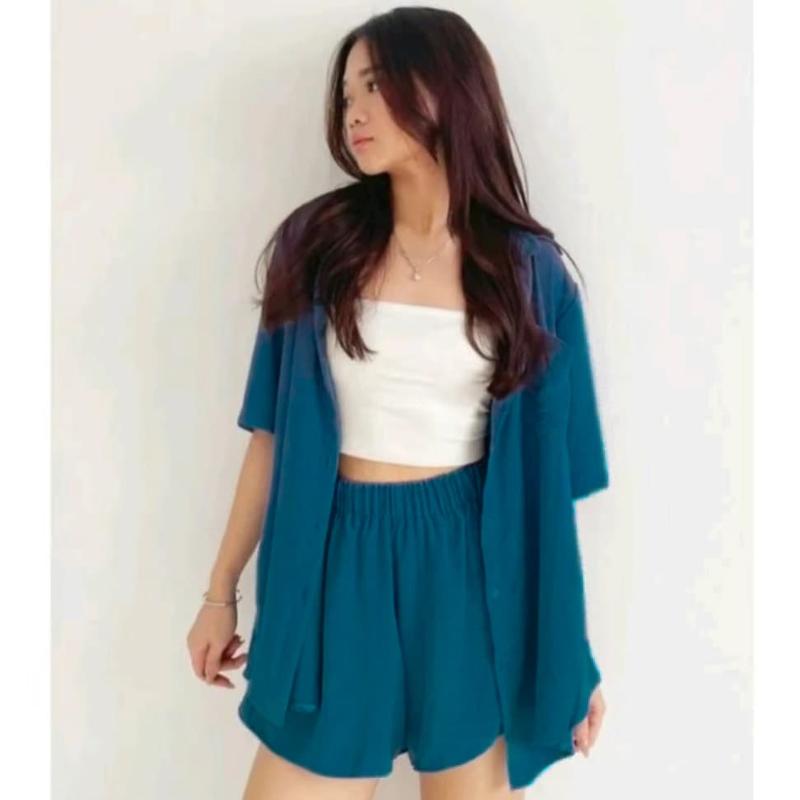 Kora One Set  Celana Hotpants | Setelan  Wanita Crinkle Airflow | Atasan Kerah Kantong Full Kancing Celana Full Karet 8