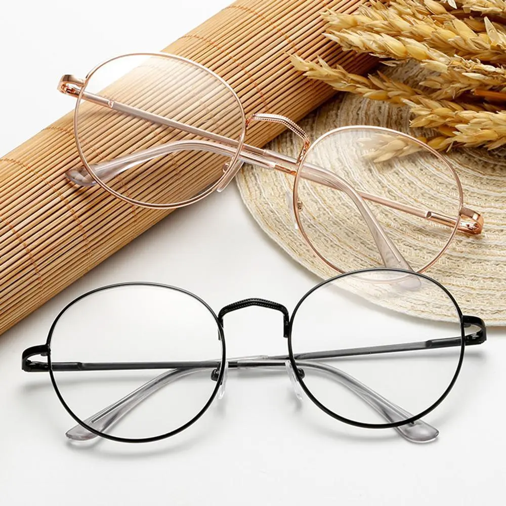 Korean Style Round Flat Mirror No Degree Decorative Glasses Retro Metal Oval Versatile Glasses