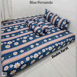 Blue Fernanda Sprei dan Sarung Bantal Motif Bunga Double Karet Kualitas Terbaik