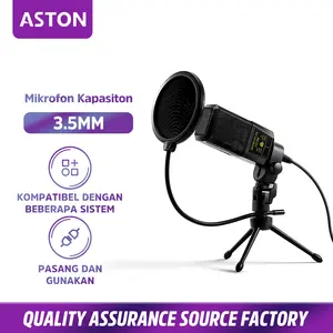 【Aston】Microphone 3.5mm Mic Condenser untuk Merekam Podcast Streaming PC dengan Jaring Anti Tiup dan Dudukan Tripod Desktop Komputer