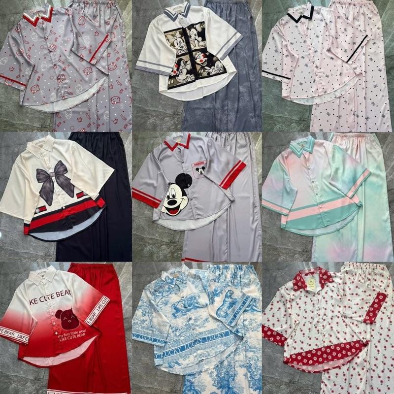 (FREE SIZE 40-62KG) SET SƠMI LỤA LATIN 2CE, PIJAMA NỮ MẶC NHÀ Kem Women Quần Ngủ Áo Tim  Nhung Voi đồ bộ