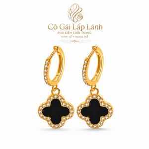 Bông tai nữ cỏ 4 lá mạ vàng phong cách sang trọng, khuyên tai đính đá mặt đen, thời trang thanh lịch, dễ phối đồ, đi làm đi chơi dự tiệc, quà tặng nữ