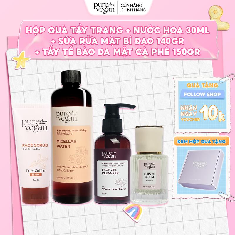 Combo Hộp Quà Tặng Pure Vegan Nước Tẩy Trang Bí Đao 480ml  & Sữa Rửa Mặt Bí Đao 135gr & Tẩy Tế Bào Chết Mặt Hạt Cà Phê Nguyên Chất 150ml & Nước Hoa Flower Bloom 30ml