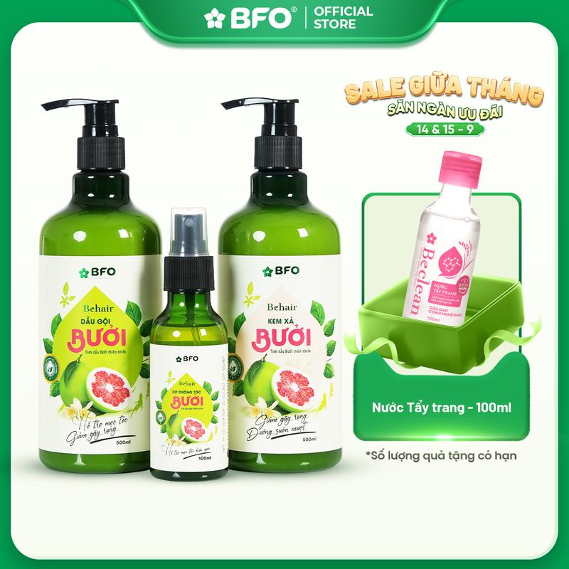 [TẶNG NƯỚC TẨY TRANG 100ML] Combo Dầu Gội & Kem Xả 500ml & Xịt Dưỡng Tóc 100ml BFO Behair Tinh Dầu Bưởi Và Thảo Mộc Giúp Giảm Gãy Rụng Dưỡng Tóc Kích Mọc Tóc Chắc Khỏe Suôn Mượt Nữ Women