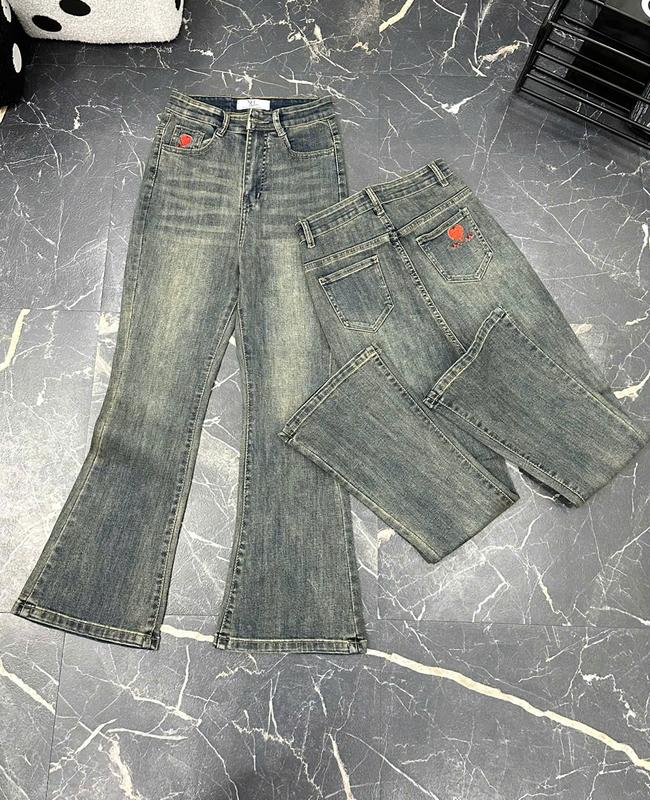 Le lỡ Quần jean nữ ống loe lỡ nấm lùn thêu túi lưng cao vải co giãn nhẹ