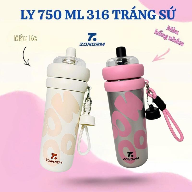 Ly giữ nhiệt ZONORM 750ml Inox 316L ruột tráng sứ nắp nhựa Tritan màu sắc ombre - tặng kèm móc khóa treo cute