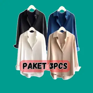 Paket Isi 3 Pcs 90 Ribu Atasan Kemeja Wanita Bluse Bahan Katun Panjang Baju Kerja Cewek Casual Shakila Dewasa Oversize