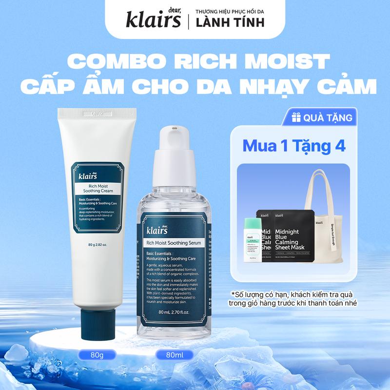 [M] Combo hỗ trợ dưỡng ẩm Dear, Klairs tinh chất Rich Moist Soothing Serum 80ml + Dear, Klairs Kem dưỡng Rich Moist Soothing Cream 80ml
