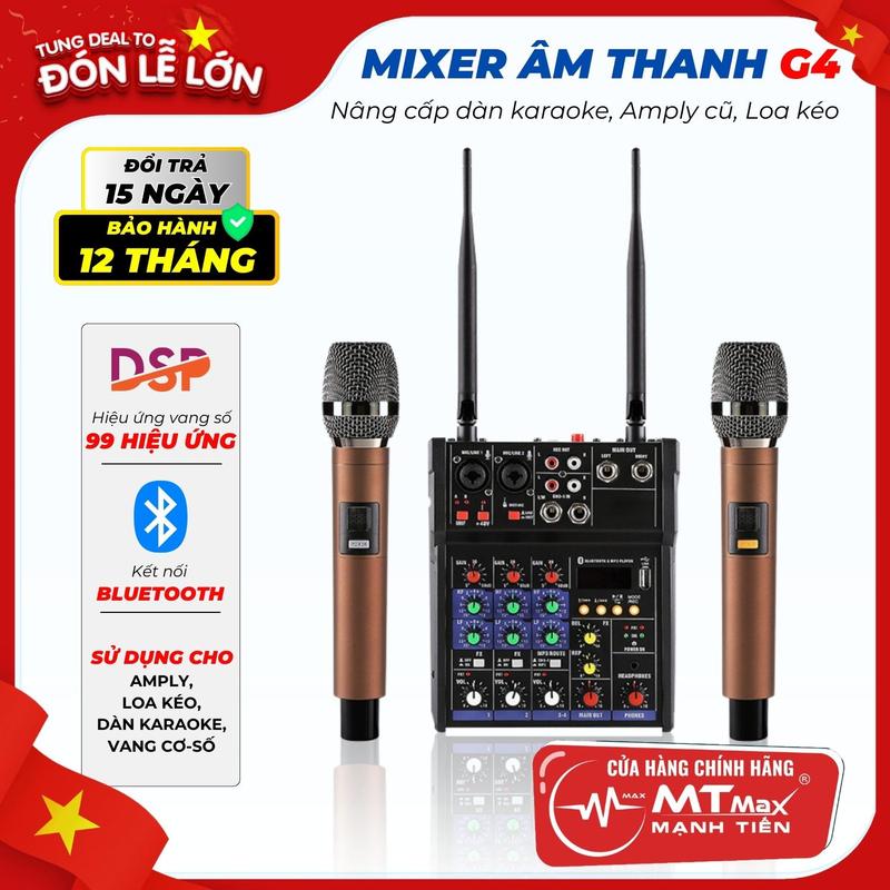 MTMax Mixer Karaoke Kèm 2 Mic | MTMax G4 2 Mic | USB Bluetooth 5.0 | Chuyên Dùng Livestream Karaoke Gia Đình | Dùng Thử 7 Ngày - Bảo Hành 12 Tháng