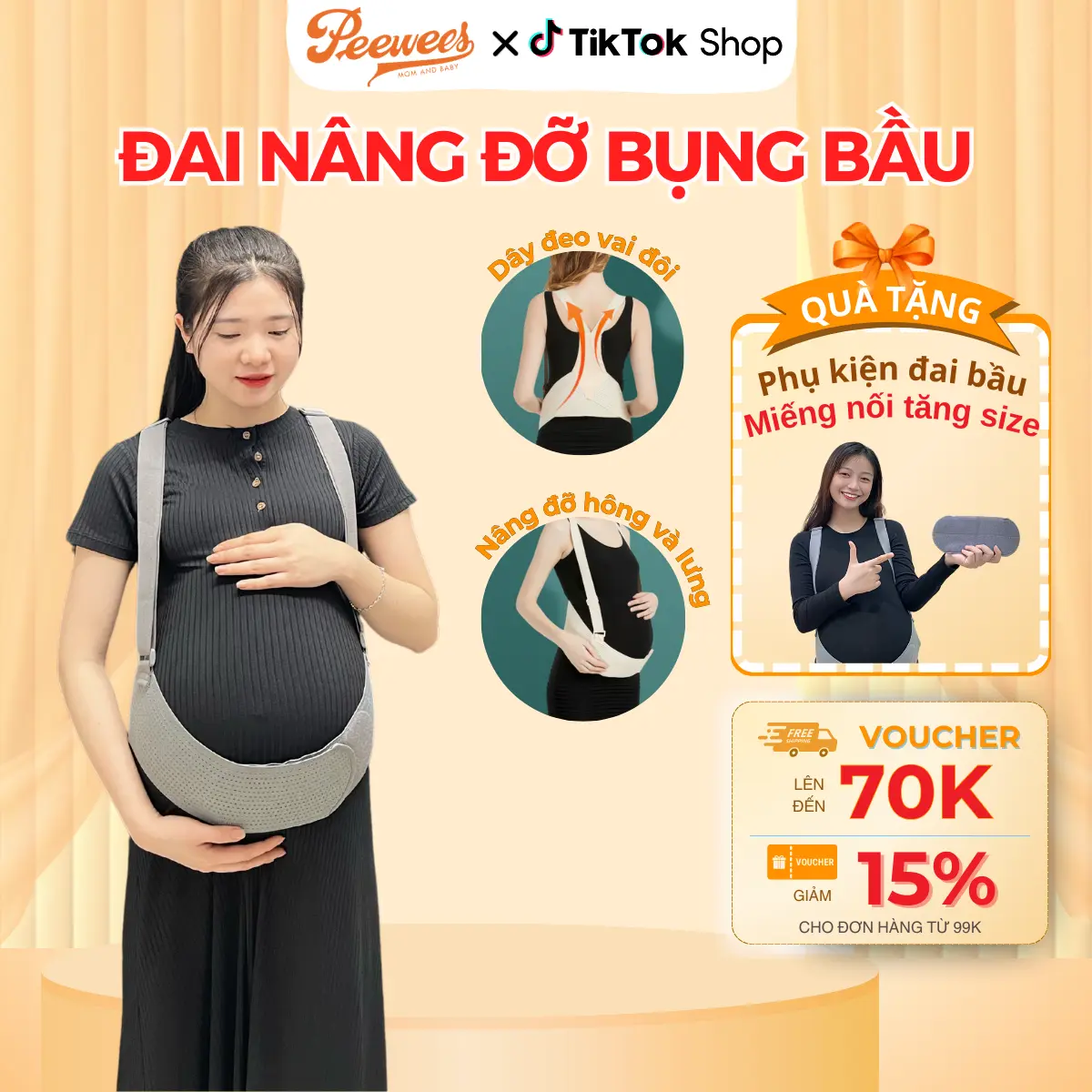 Đai nâng đỡ bụng bầu PEEWEES cao cấp màu xám, giảm đau lưng hạn chế rạn bụng, chất vải co giãn siêu mềm, hỗ trợ đổi size