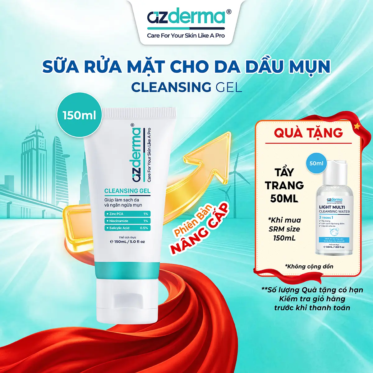 [Bản Nâng Cấp 150ml] Gel rửa mặt giúp làm sạch da, hỗ trợ giúp giảm tình trạng mụn quay trở lại - Cleansing Gel Azderma ( Tặng TT50 Khi Mua SRM150 )