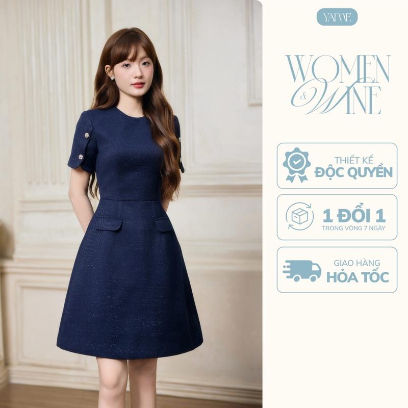 YAME - Váy Dạ Gân Dáng A Tay Đính Cúc Hoa Hồng Màu Xanh Navy Thiết Kế Công Sở Thanh Lịch Sang Trọng Grange YV778