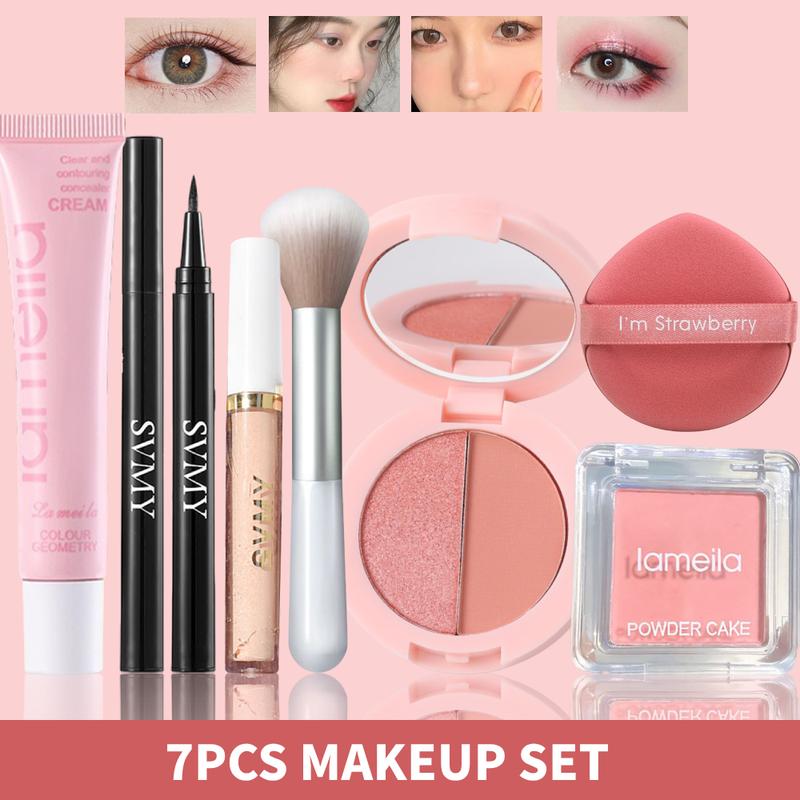 Bộ Trang Điểm Hoàn Chỉnh, 7 Chiếc, Phấn Má Hồng Dạng Phấn LAMEILA, Kem Che Khuyết Điểm SVMY, Quầng Thâm Và Vết Thâm, Đĩa Phấn Mắt Lung Linh Mịn, Kem BB Nền, Mút Đánh Phấn, Cọ Trang Điểm, Bút Kẻ Mắt Không Thấm Nước Nữ Son