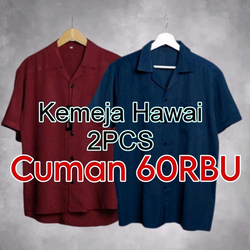 Paket Kemeja 2Pcs Harga 60Rbuan KEMEJA HAWAI POLOS V-Neck baju atasan oversize katun pria Surfing Distro Cowok Dewasa Pendek Casual Keren 0