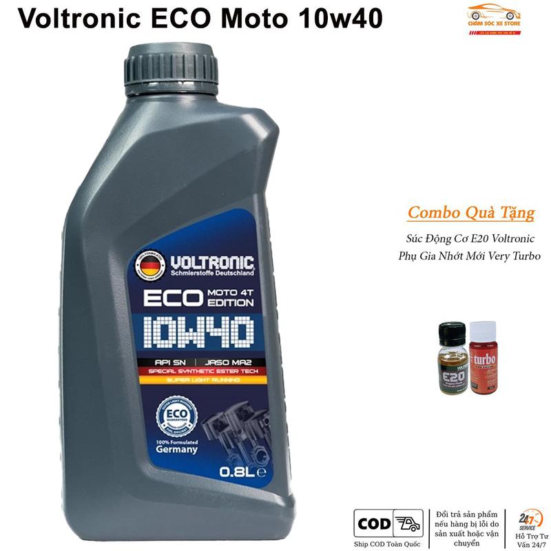  Dầu Nhớt Xe Máy Voltronic ECO Moto 10W40 - Tặng Kèm 1 Súc Động Cơ E20 Và 1 Phụ Gia Nhớt Mới Xado Veryturbo  CHAI NHỰA  