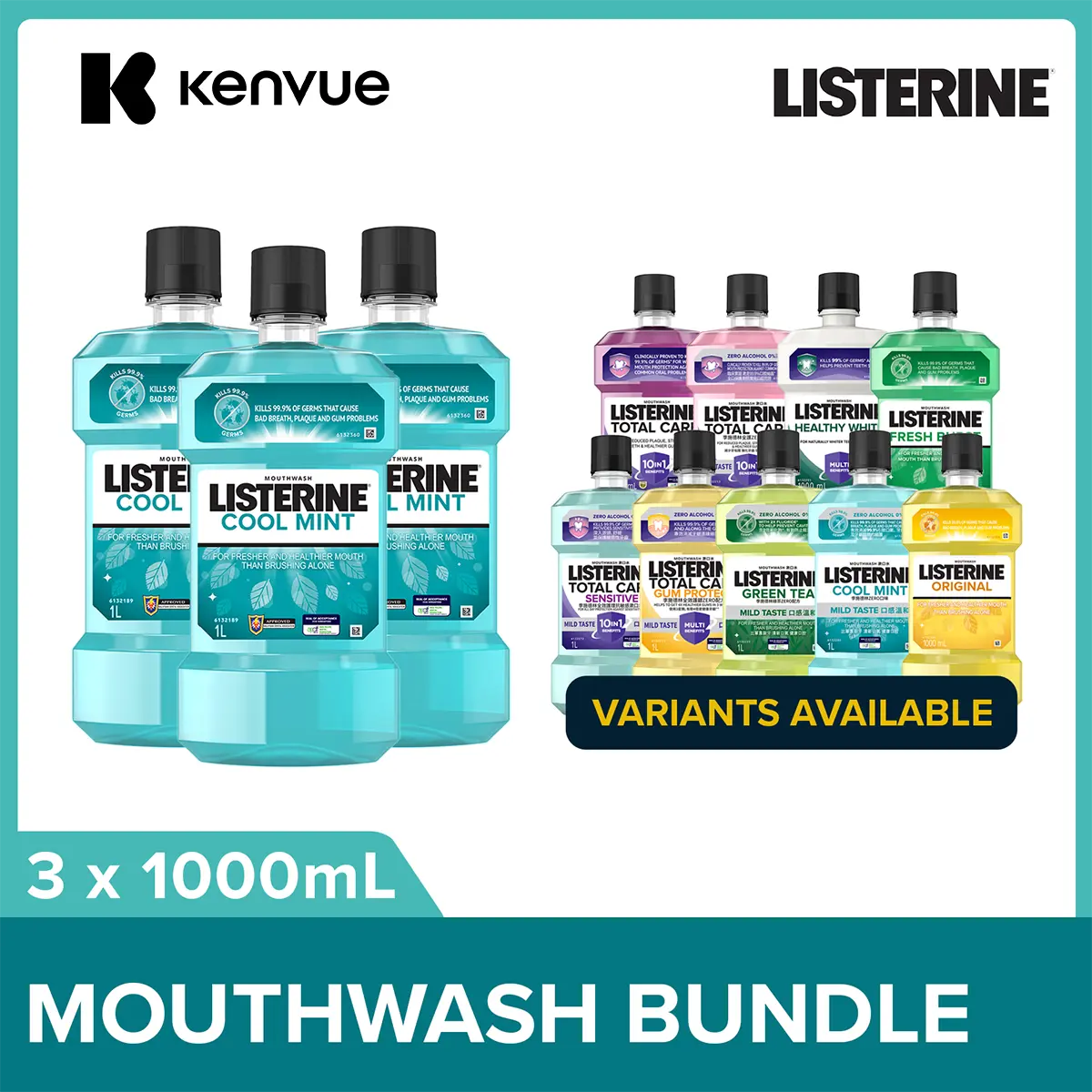 [Bundle of 3] Listerine Mouthwash 1000ml - Cool Mint, Cool Mint Zero, Green Tea, Gum Care, Healthy White, Original, Total Care, Total Care Zero, Fresh Burst (Fresh Breath Dental Oral care)