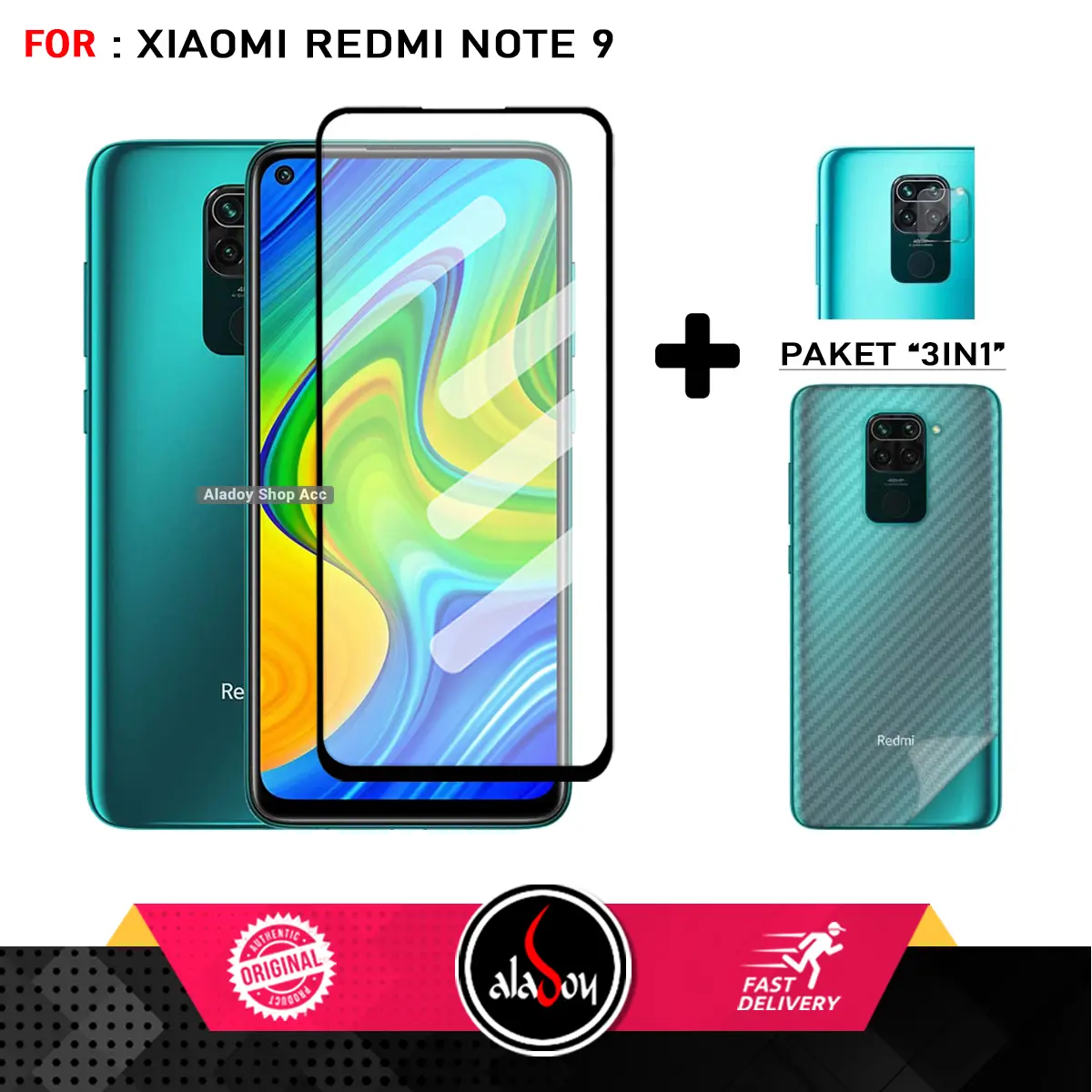 Paket 3in1 Tempered Glass For Xiaomi Redmi Note 9 Anti Static Free Tempered Glass Camera dan Skin Carbon