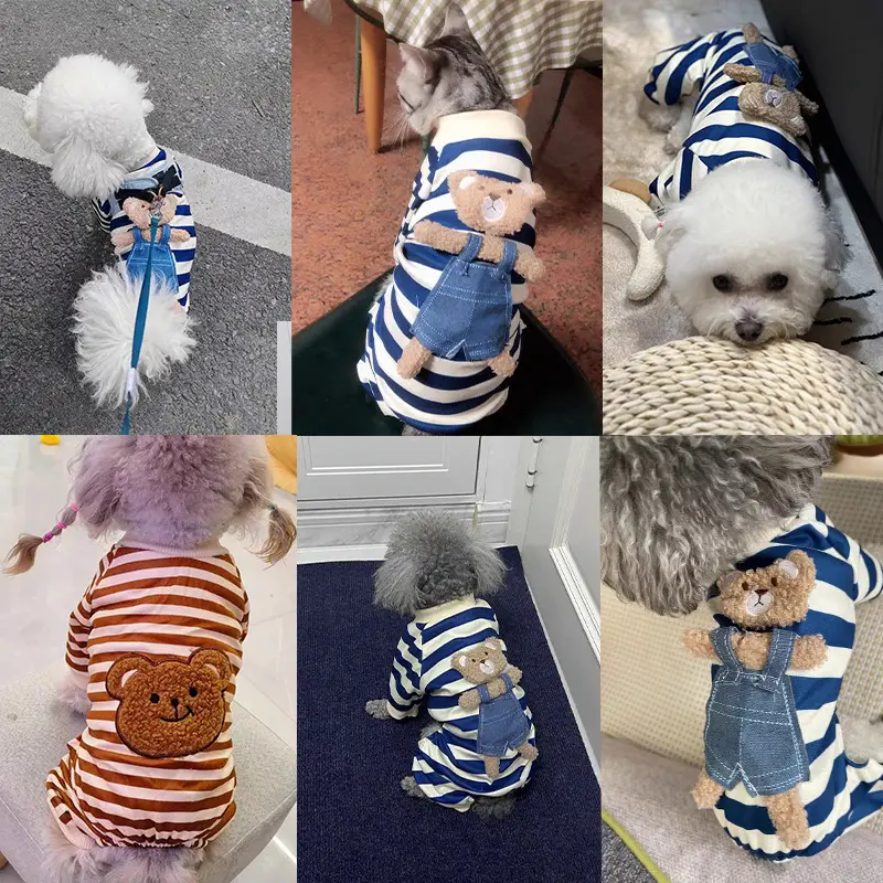 Quần Áo Cho Chó, Áo Liền Quần Sọc, Họa Tiết Gấu Dễ Thương, Thích Hợp Cho Chihuahua Và Yorkie, Đồ Ngủ Ngọt Ngào Áo Ngực Mèo Con, Trang Phục Thú Cưng, Thời Trang 2