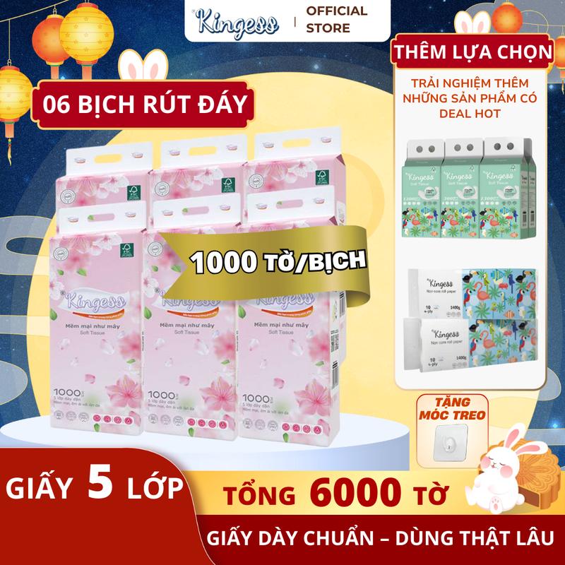 (DEAL LIVE SIÊU TIẾT KIỆM 99K) 6 BỊCH Khăn Túi giấy Rút Đáy Giấy Treo Đa Năng Cao Cấp KINGESS Phiên Bản Hồng Hoa Anh Đào 1000 Tờ/ túi 5 lớp mềm mịn không huỳnh quang, không chất tẩy trắng, không hương liệu không ô nhiễm môi trường + Móc treo tường