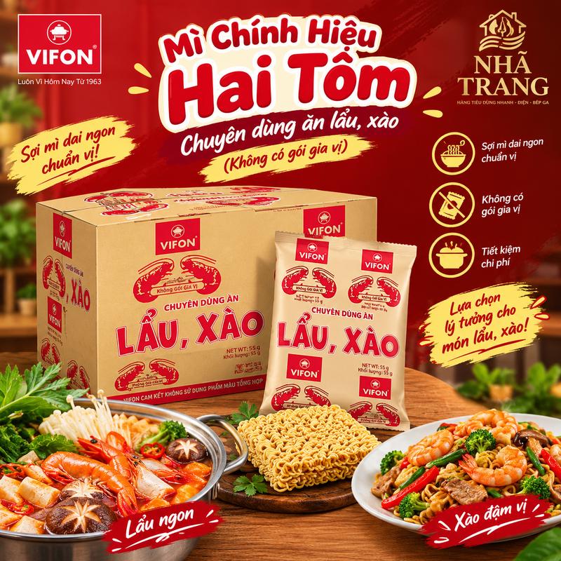 Thùng 50 gói MÌ CHÍNH HIỆU HAI TÔM CHUYÊN DÙNG ĂN LẨU, XÀO 55g (không gia vị) Vifon