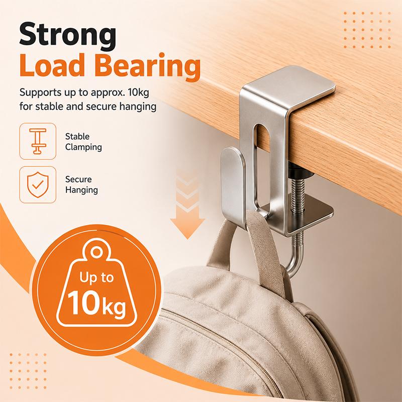 Móc treo đồ bằng thép không gỉ hai móc, không cần khoan, có thể điều chỉnh, xoay 360°, chịu tải trọng lớn, dùng để treo ba lô ở cạnh bàn.