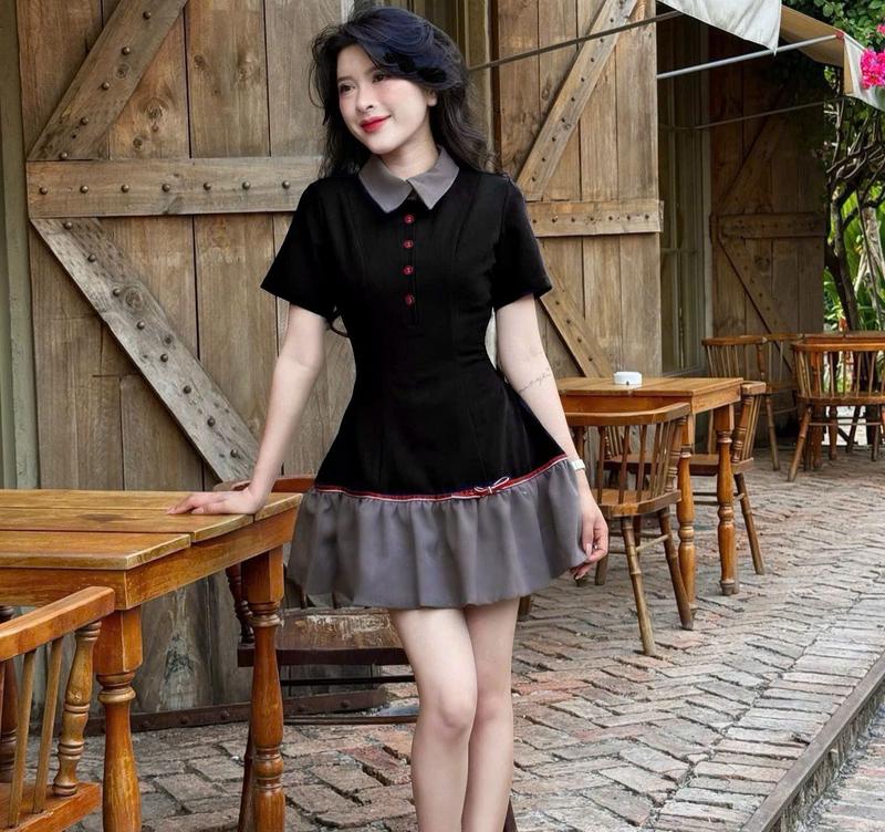 Đầm Váy Dáng Xòe Cổ Trụ Phối Nút Thời Trang Nữ Không kèm quần