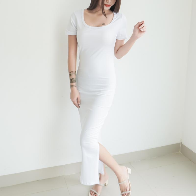 KOKO - Dress Panjang Lengan Pendek Bodycone Wanita Simple Midi Hitam Casual Rayon 8