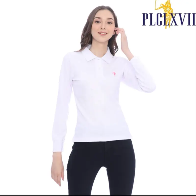 KAOS KERAH POLO WANITA LENGAN PANJANG KUDA KECIL Katun Polos Hitam Putih 3