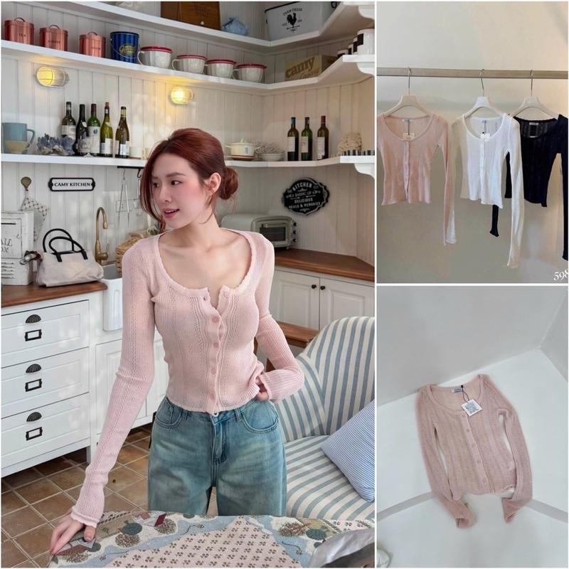 Áo Cardigan Len Mỏng Cổ Tròn Hot Hit QC