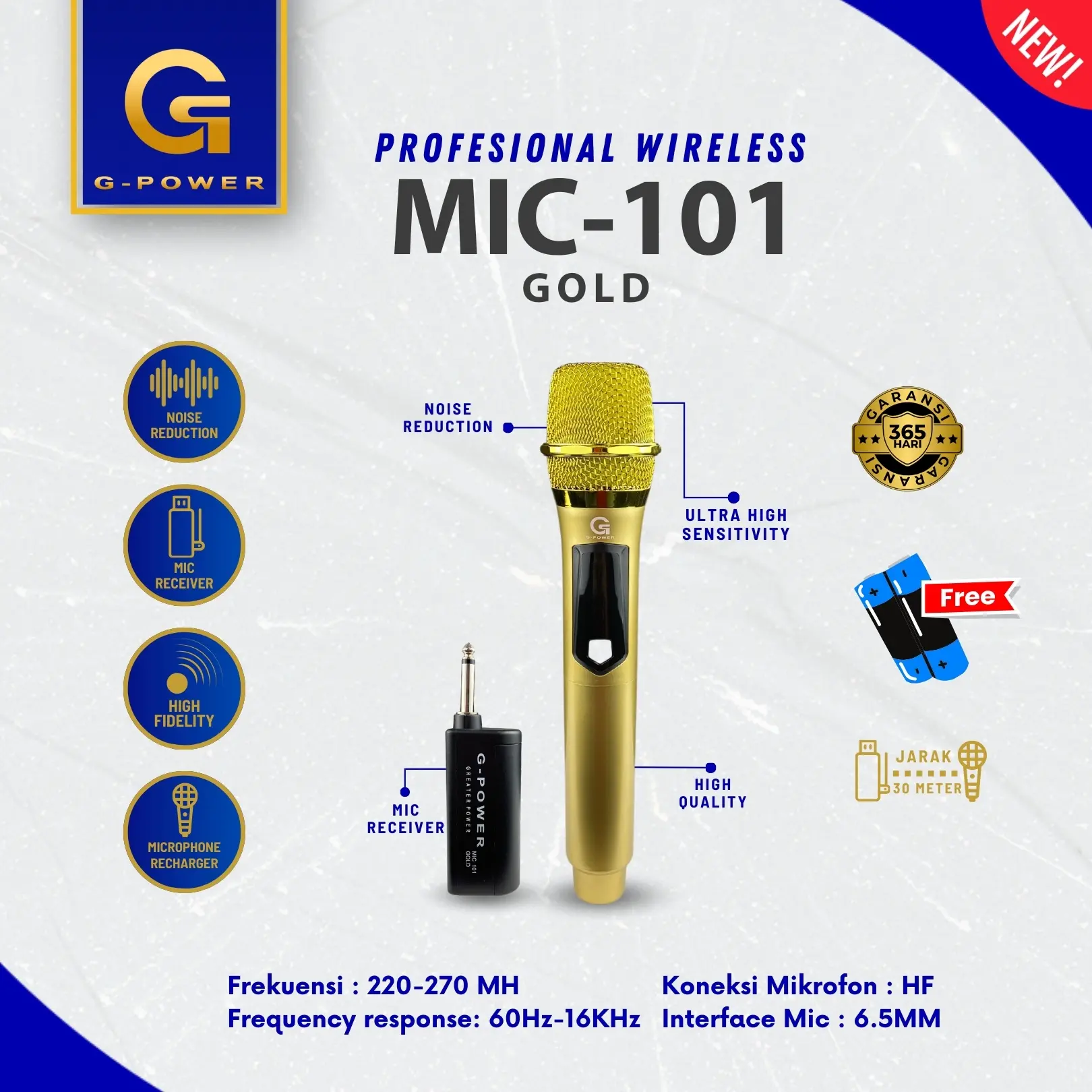 G-POWER Mic Wireless 101 Gold Digital Charger System - Microphone Wireless Baterai Charge Free Baterai Colokan Mikrofon