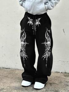 Pantalones deportivos de mujer estilo Y2K con cordón ajustable en la cintura, bolsillos, pierna ancha y rectos, estampado punk gótico, estilo badass universitario, regreso a clases, casuales para el trayecto, ropa de mujer otoñal