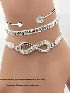 Set de 3 piezas de pulseras tipo brazalete para mujer, diseño minimalista y elegante con decoración de corazón de diamantes de imitación, accesorios de moda para fiesta, accesorios de moda versátiles para uso diario
