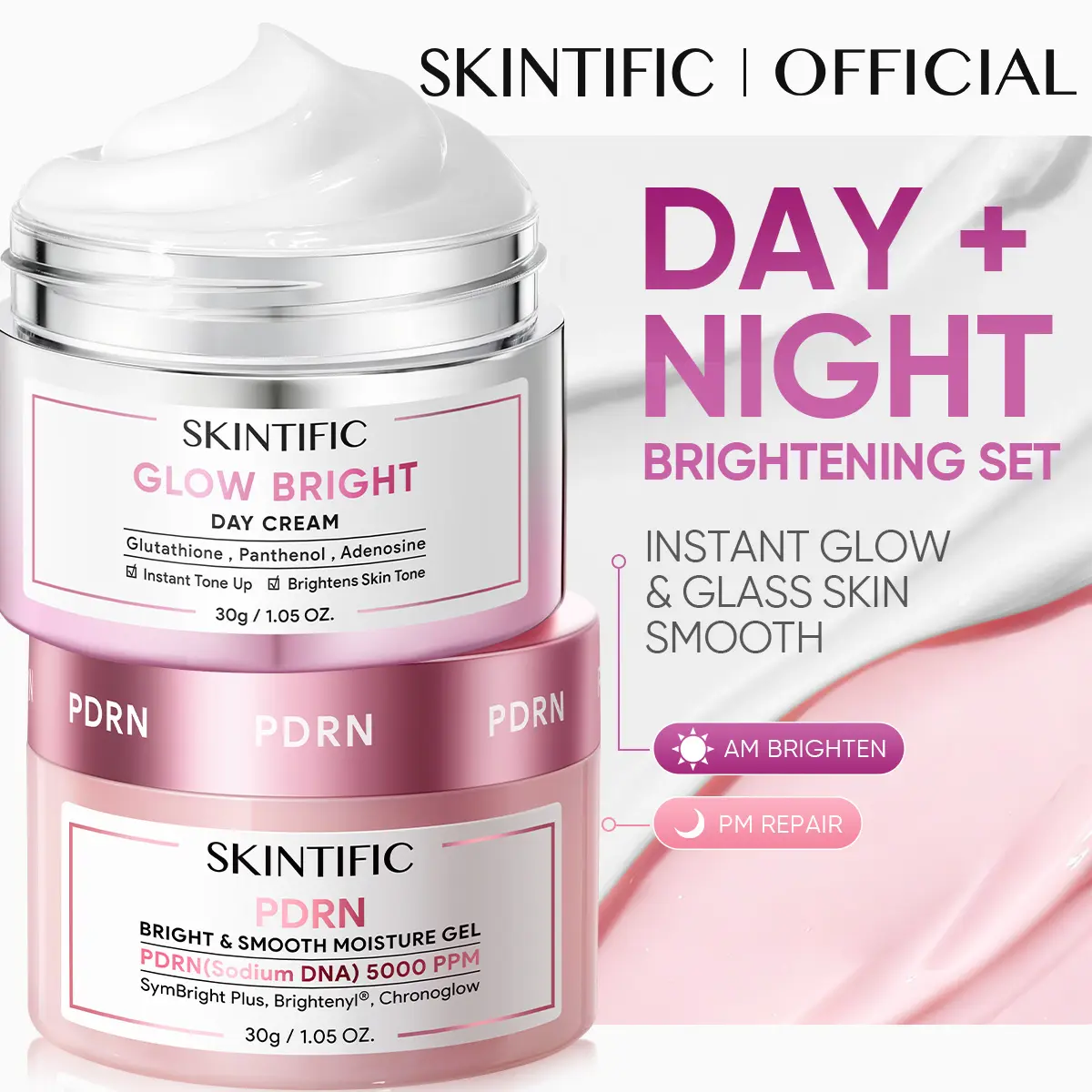 DAY&NIGHT] SKINTIFIC Glow Bright Day Cream+ PDRN Bright & Smooth Moisture  Gel- Instantly Hydrates & Plumps