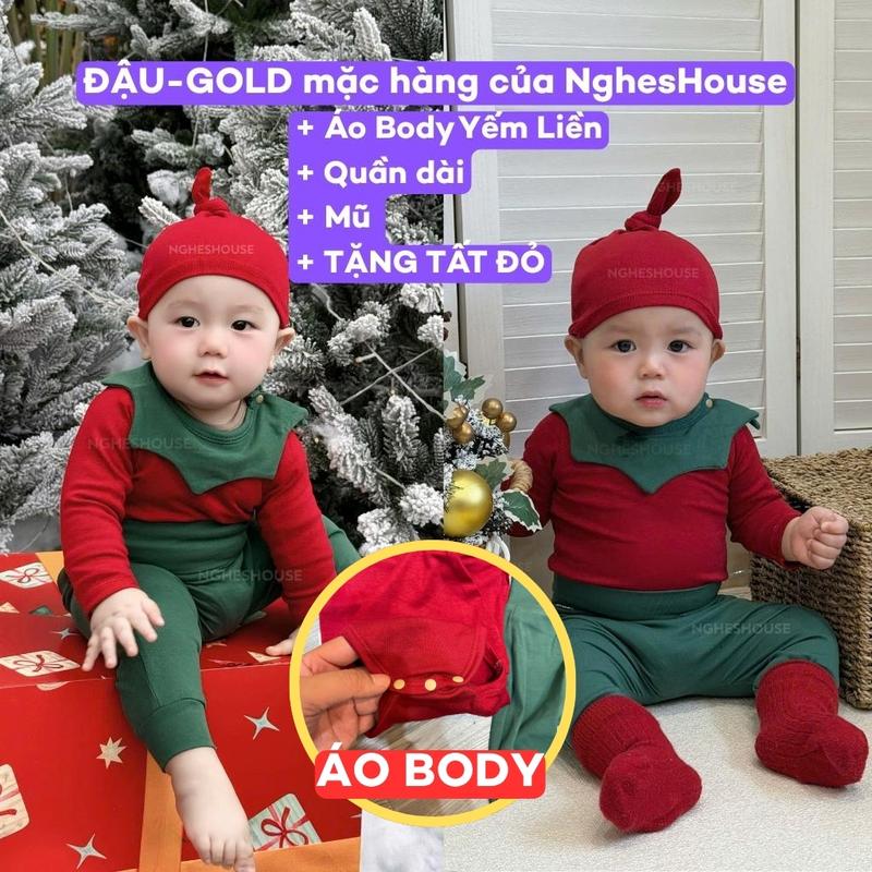   TẶNG TẤT ĐỎ  Bộ Quần Áo Noel Đỏ Xanh Kèm Mũ Chất Thun Hàn Cực Xinh Dành Cho Bé Trai Bé Gái NO3 