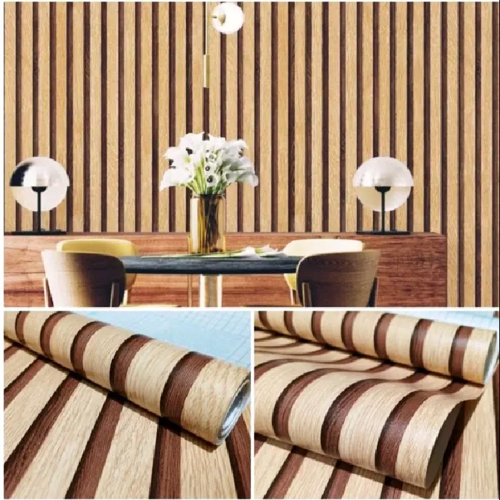 Wallpaper Sticker Dinding Kayu Coklat Kemerahan Garis Hitam Dekorasi Ruang Tamu Kamar Tidur Elegan Aesthetic Terjangkau Kertas