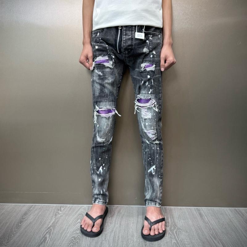 Quần jean nam xám khói mix khoá vá đá tím may thêu bản siêu cấp 2025