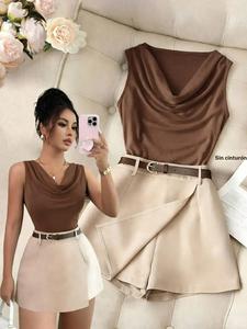 Nuevo conjunto elegante para mujer de verano: top sin mangas estilo halter + shorts de pierna ancha con cintura alta y corte en línea A, ajuste casual entallado, otoño e invierno