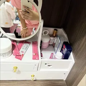 Rak Kosmetik Cermin Telinga Kucing 2 Laci Vintage Rak Kosmetik Cermin Kayu Ringan dengan Cermin Putar 360 Derajat