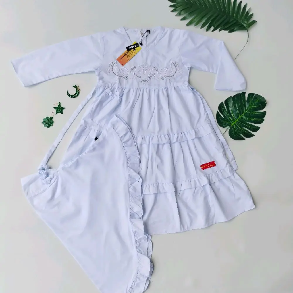 Gamis Anak Putih Katun Manasik Baju Gamis manasik Sekolah perempuan usia 3-12 tahun Jilbab Muslim Renda
