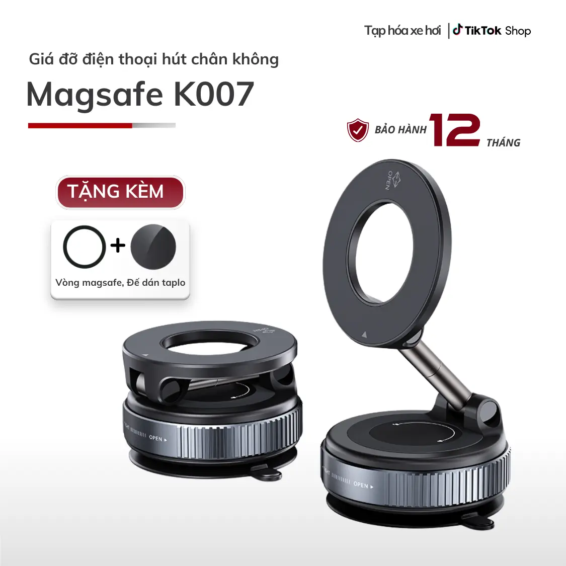 Giá đỡ điện thoại từ tính K007, giá đỡ magsafe hút chân không trên ô tô xoay 360 độ, nam châm N52 chắc chắn- New 2025